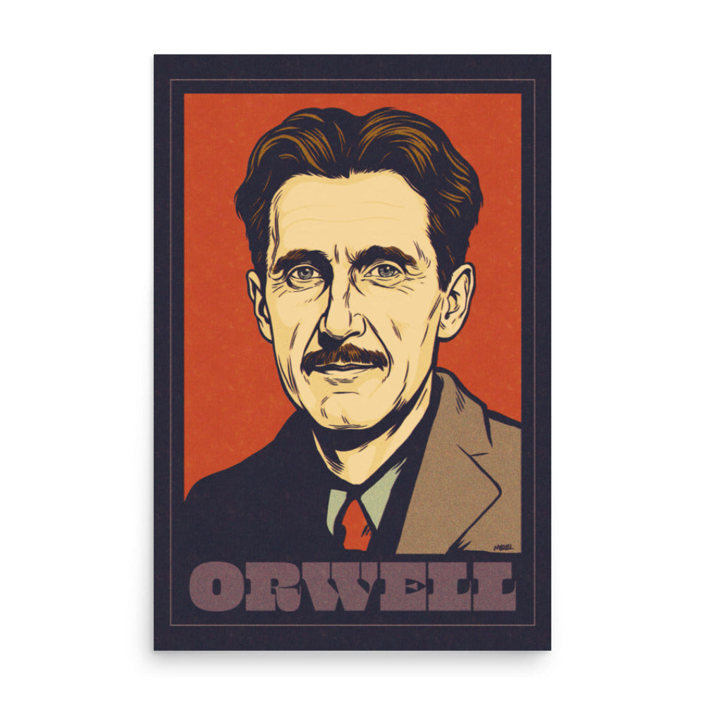 Framed portrait of a historical figure with 'Orwell' text on a red background