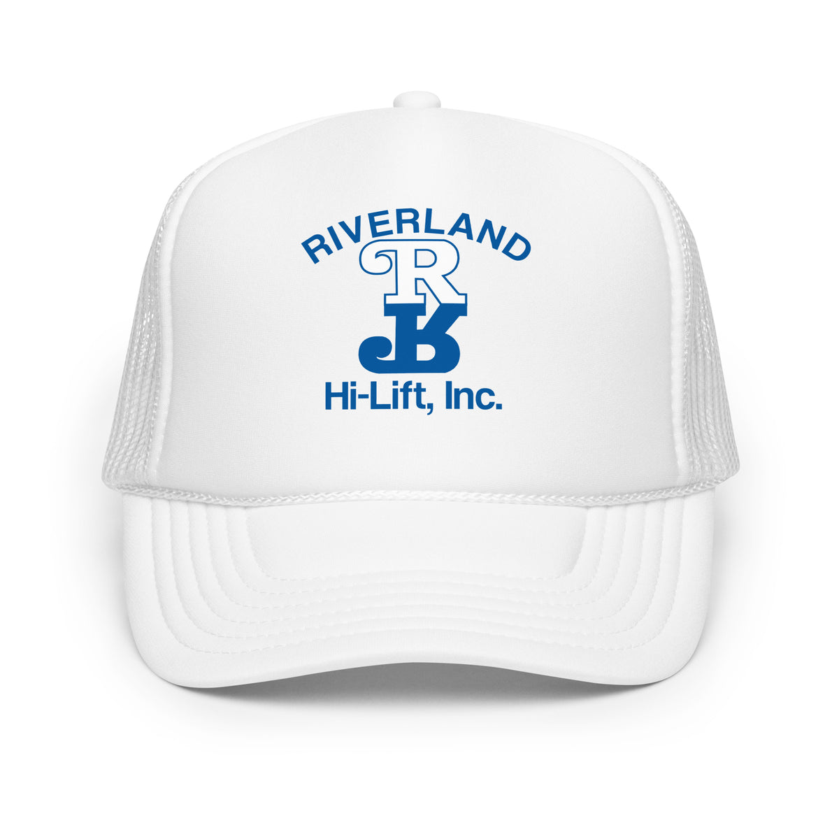 White cap with blue 'Riverland Hi-Lift, Inc.' logo on a white background