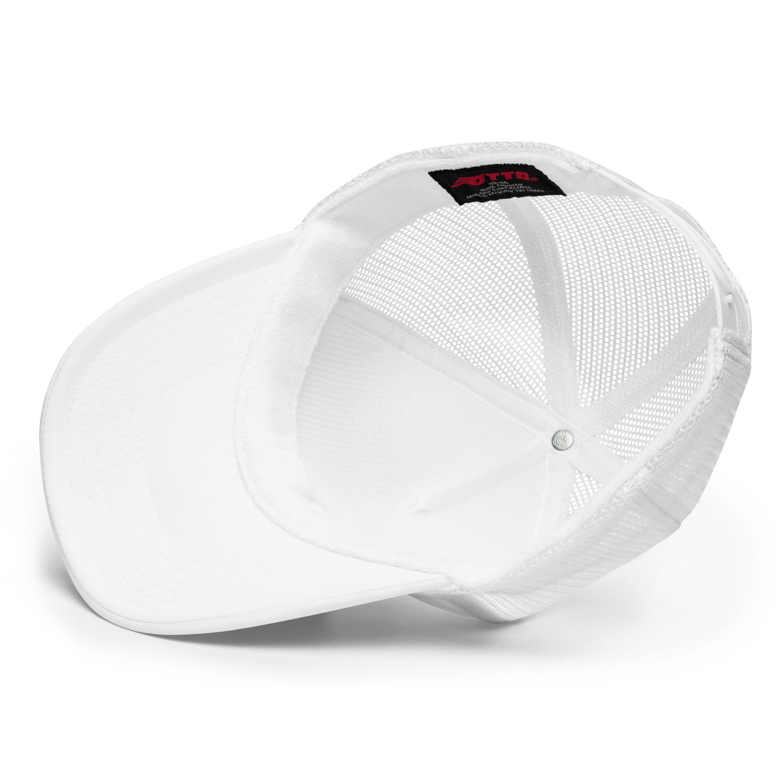 White baseball cap with mesh back on a white background