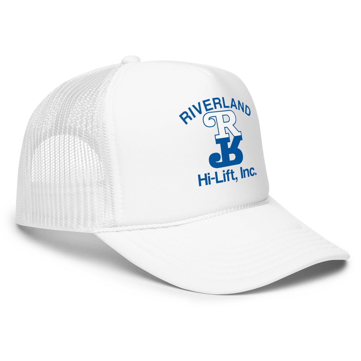 White cap with blue logo on a white background