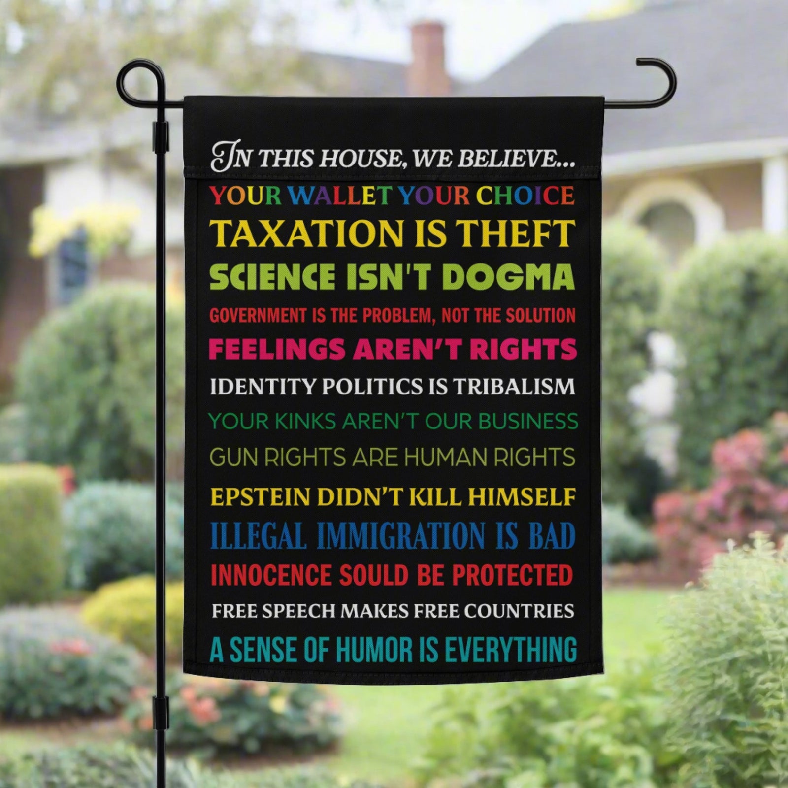In This House Satire Garden flag