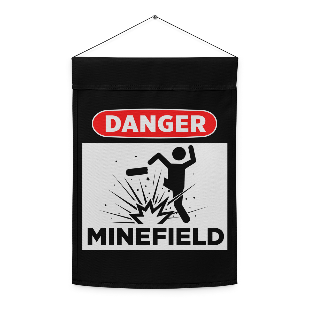 Black banner with 'Danger Minefield' warning sign on a white background