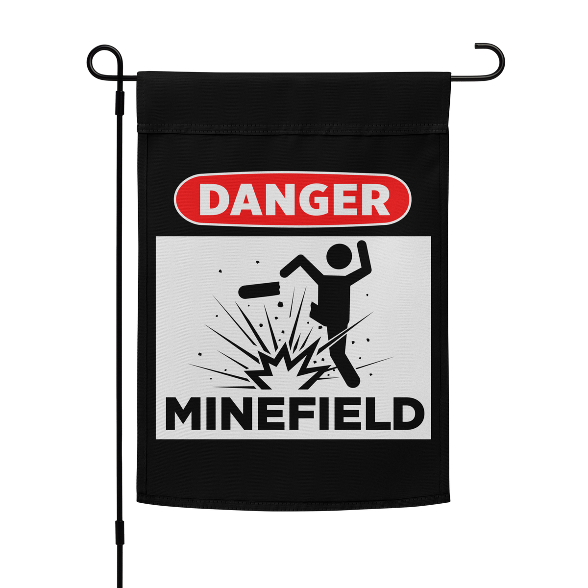 Garden flag with 'Danger Minefield' warning design on a black background
