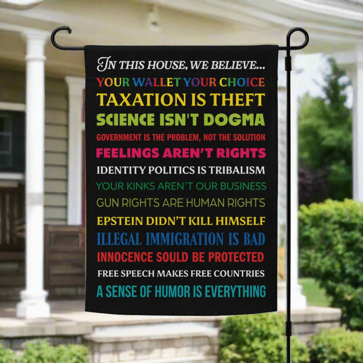 In This House Satire Garden flag