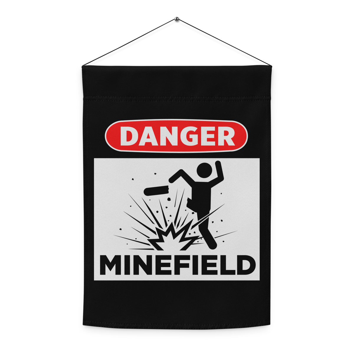 Black banner with 'Danger Minefield' warning sign on a white background