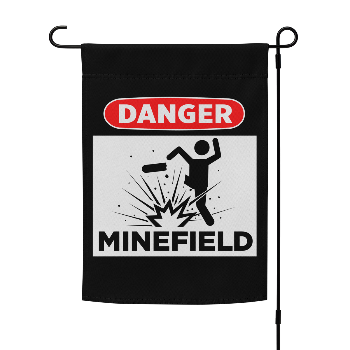 Black garden flag with 'Danger Minefield' warning design on a white background