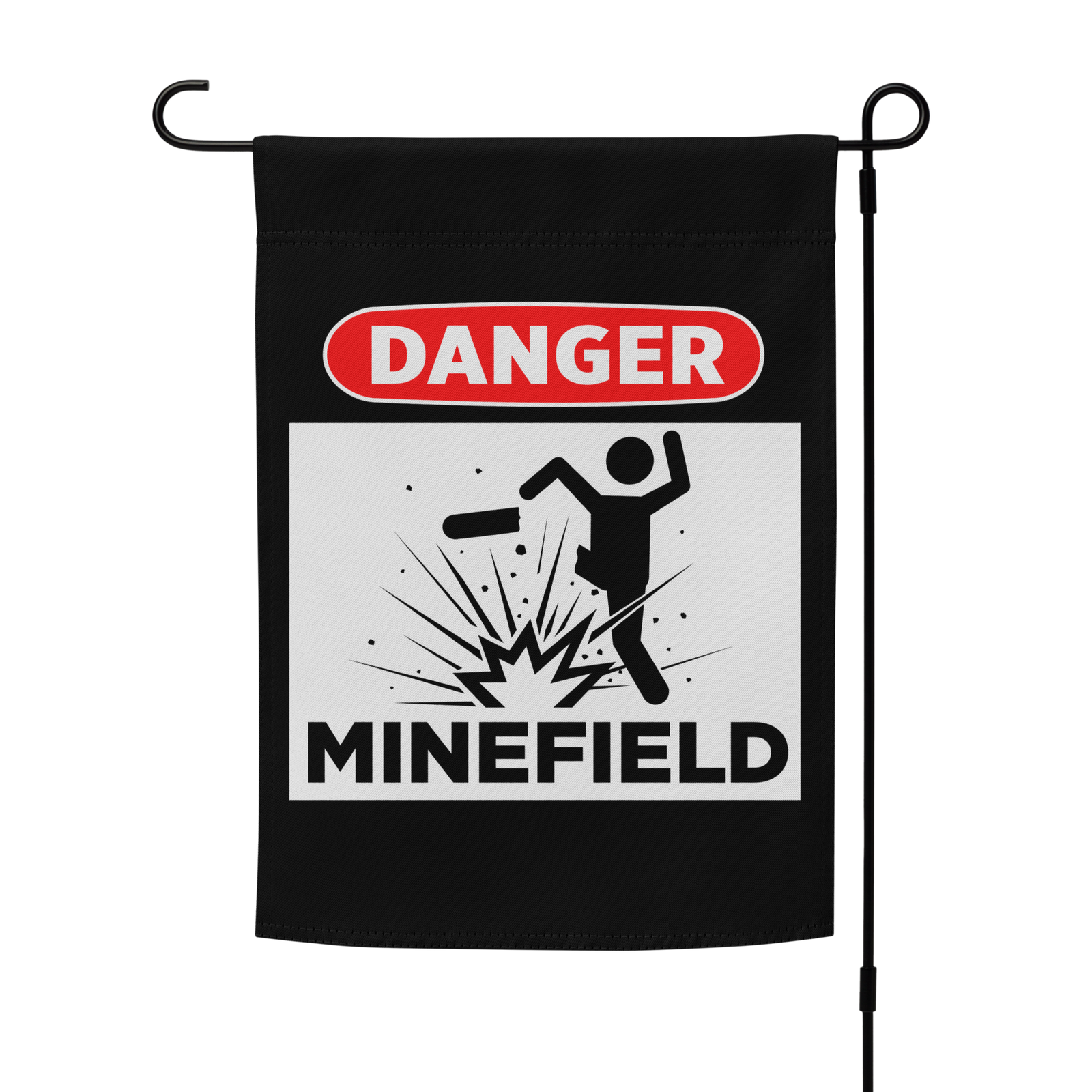 Black garden flag with 'Danger Minefield' warning design on a white background