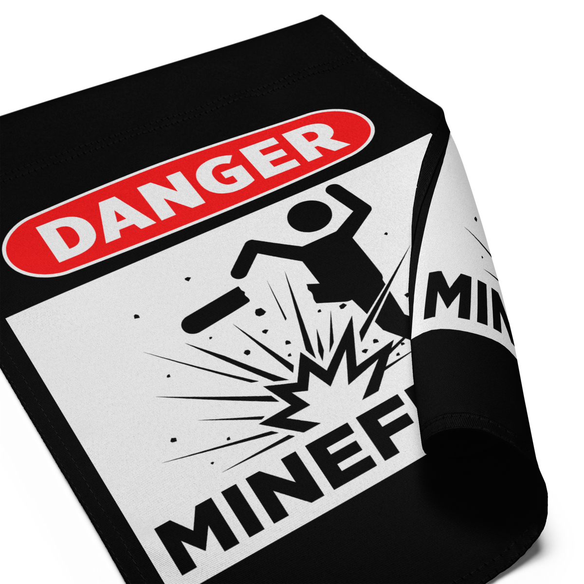 Garden flag with a 'Danger Mine' label on a white background