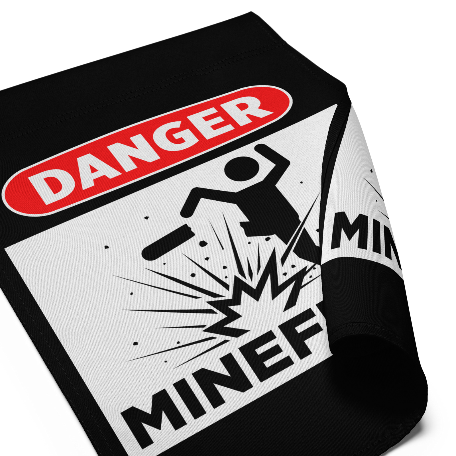 Garden flag with a 'Danger Mine' label on a white background