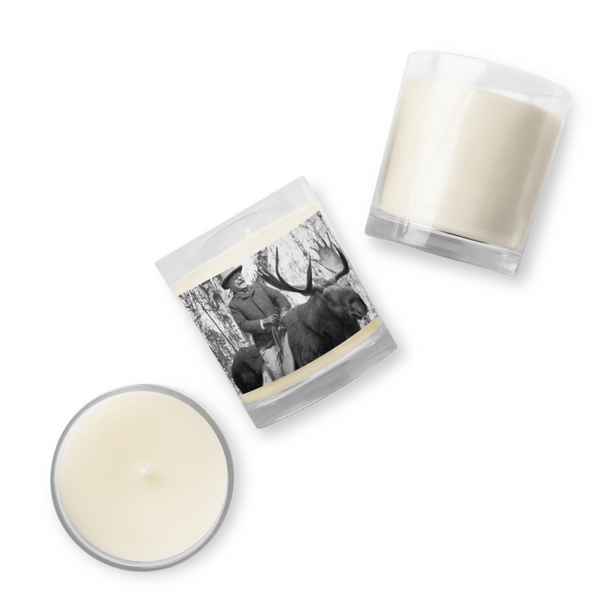 Teddy Roosevelt Riding a Bull Moose Glass Jar Wax Candle
