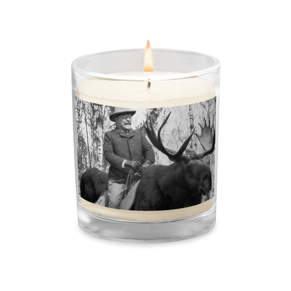 Teddy Roosevelt Riding a Bull Moose Glass Jar Wax Candle