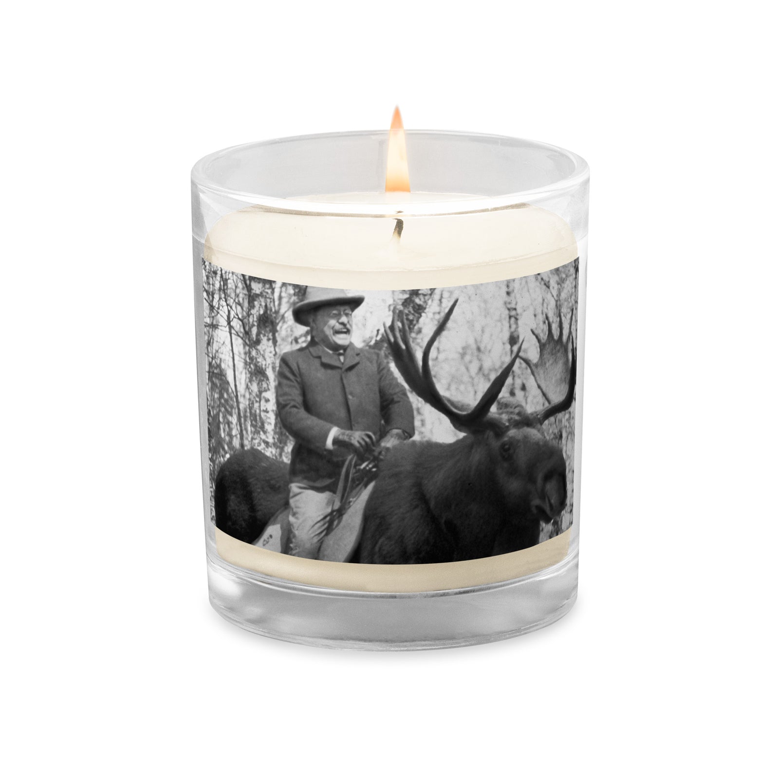 Teddy Roosevelt Riding a Bull Moose Glass Jar Wax Candle