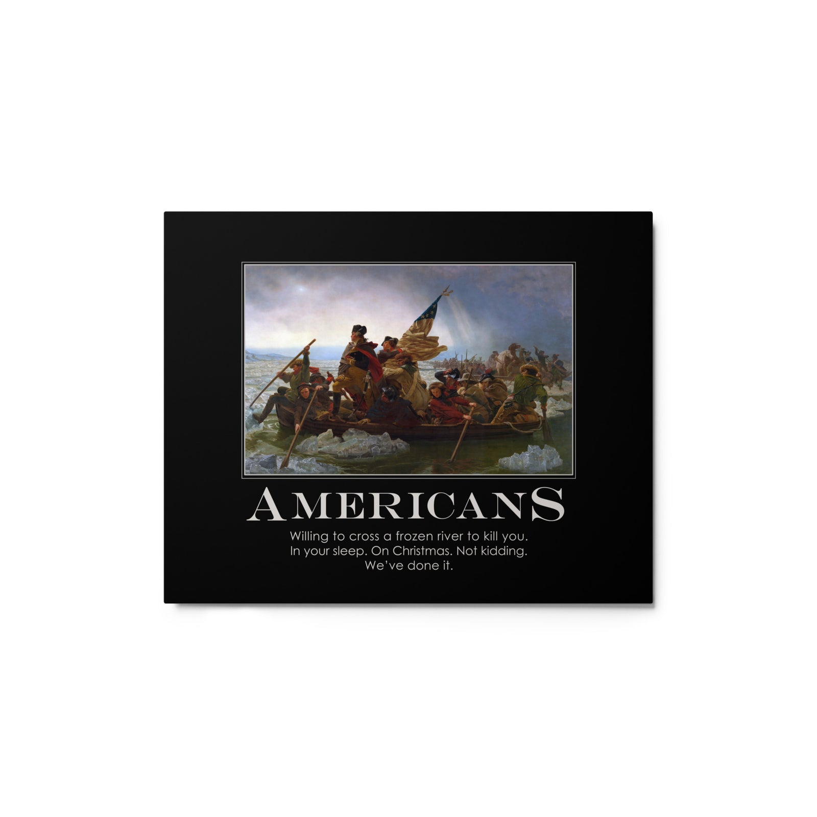 Framed artwork with a historical scene and text on a white background