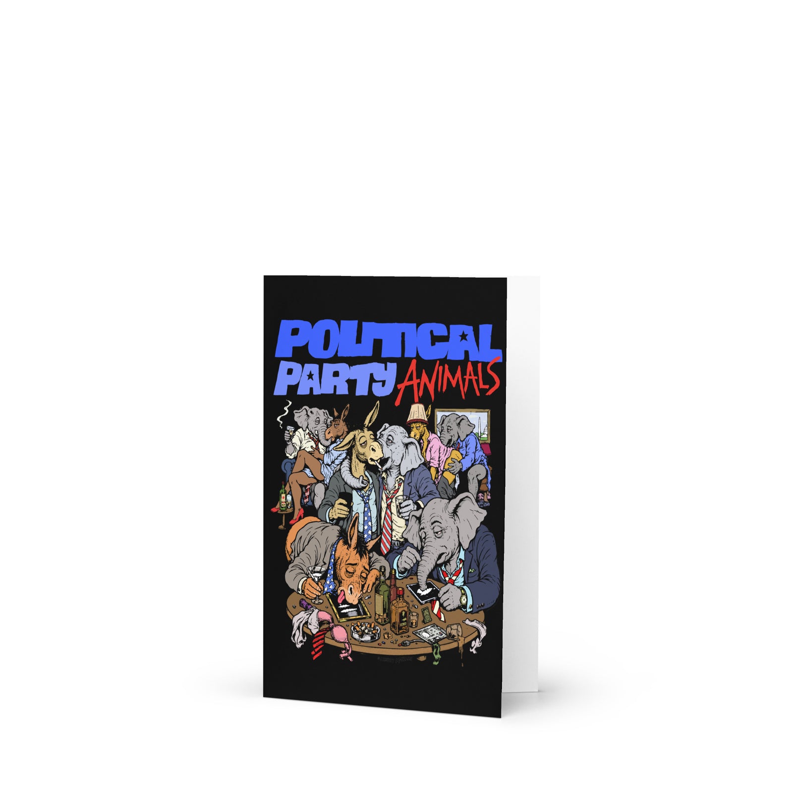 A black greeting card featuring a colorful cartoon illustration of various animals gathered around a table, with the text 'POLITICAL PARTY ANIMALS' in blue and red at the top. The card is shown standing upright against a plain white background.