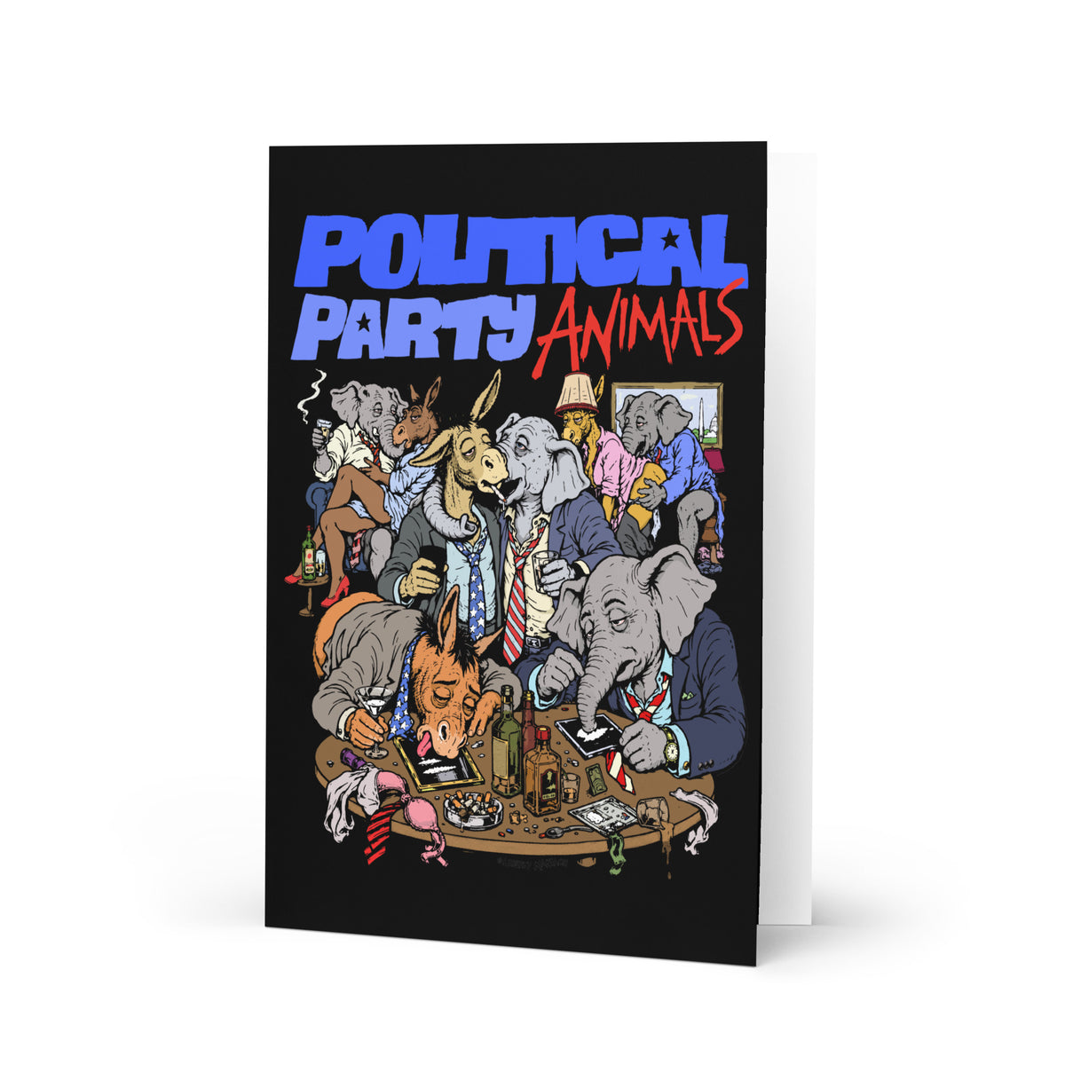 A black greeting card featuring a colorful cartoon illustration of various animals gathered around a table, with the text 'POLITICAL PARTY ANIMALS' in blue and red at the top. The card is shown standing upright against a plain white background.