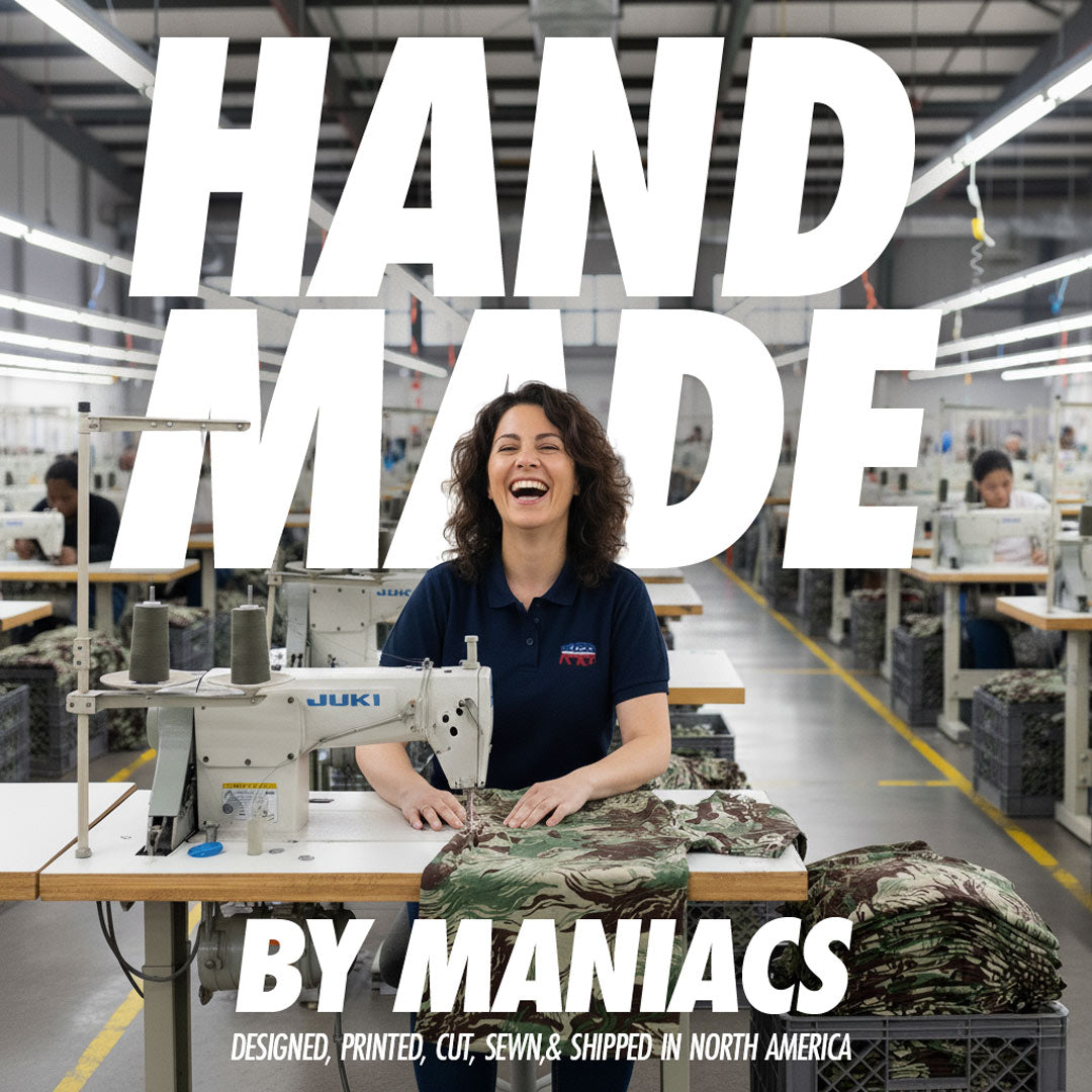 Woman working with fabric and sewing machine in a Liberty Maniacs factory setting, with &#39;Hand Made by Maniacs&#39; text overlay.