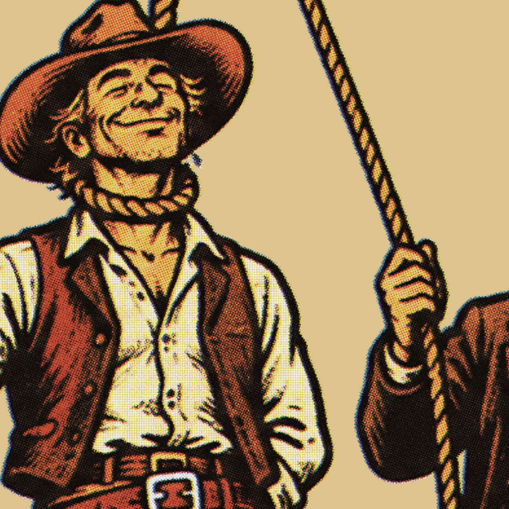 Hang Loose cowboy sticker close up of a cowboy smiling in a noose.