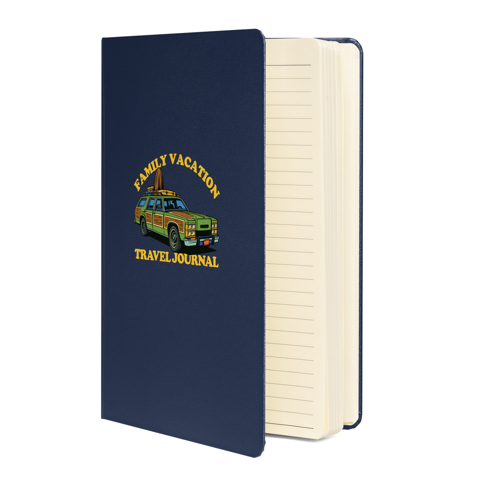 Navy blue travel journal with a family vacation design on the cover