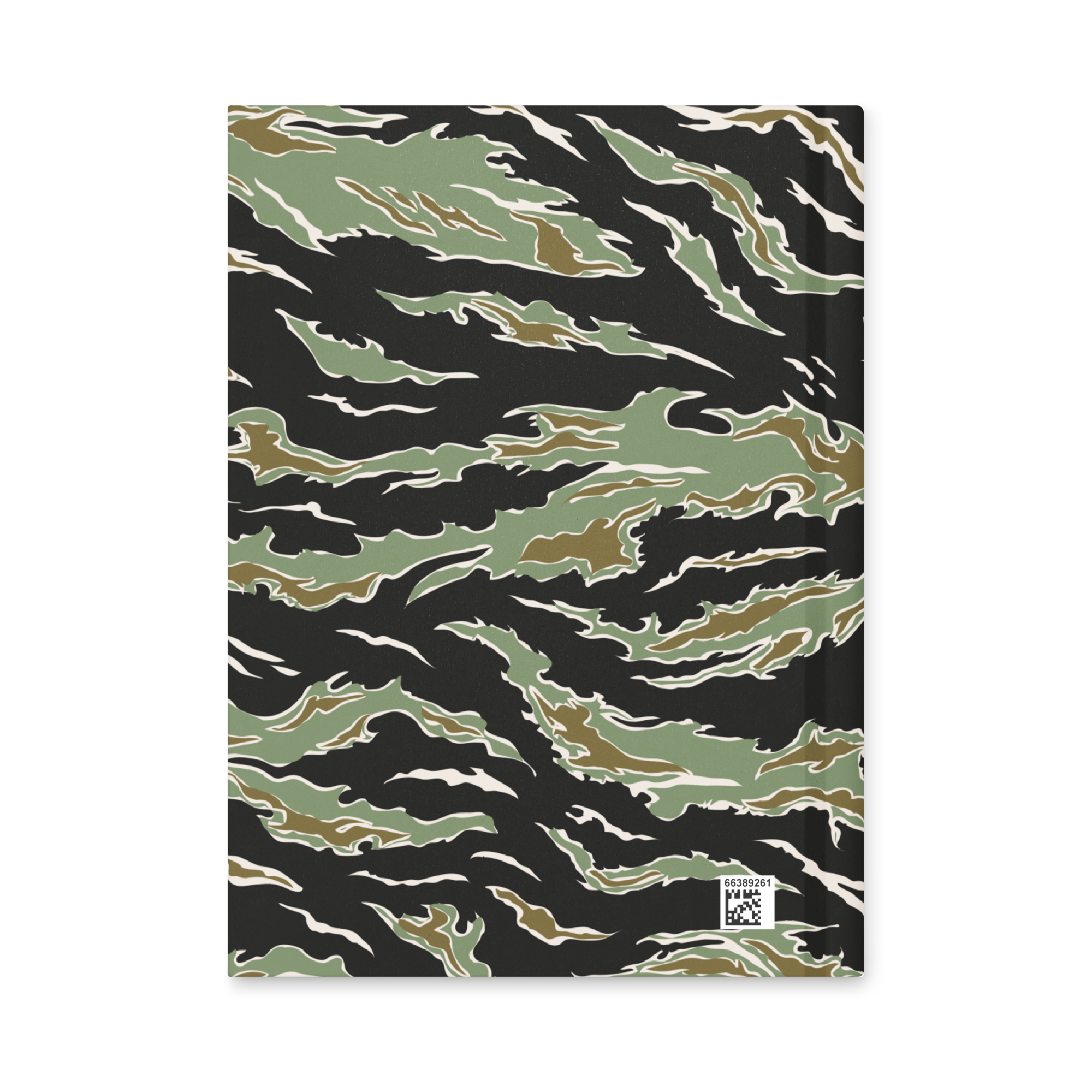 Camouflage-patterned notebook with a visible brand label on a white background