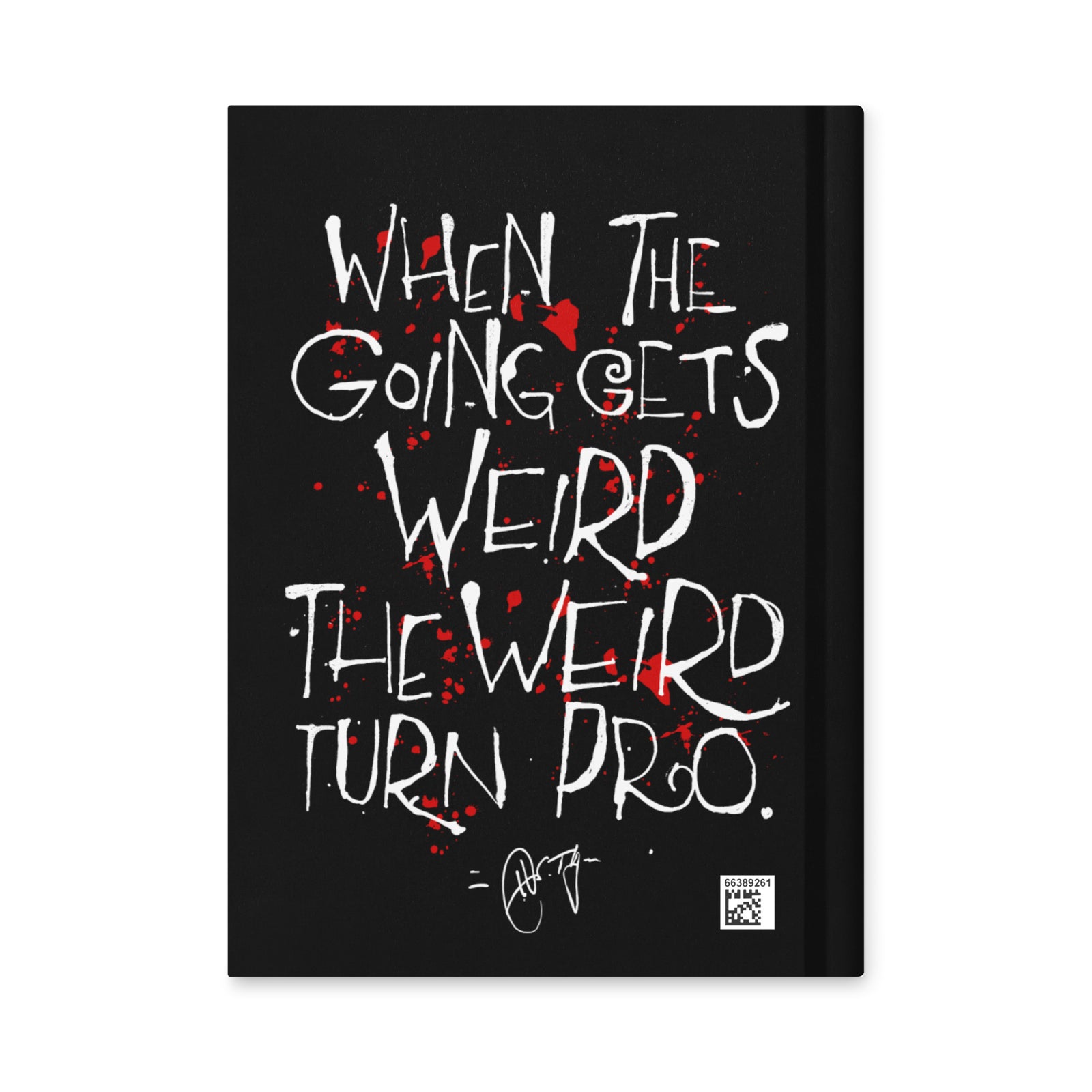 Black notebook with a red hand holding a blue poppy on a knife and the word 'GOZOO' on a white background