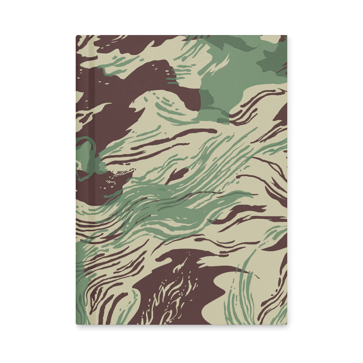 Camouflage-patterned notebook on a white background