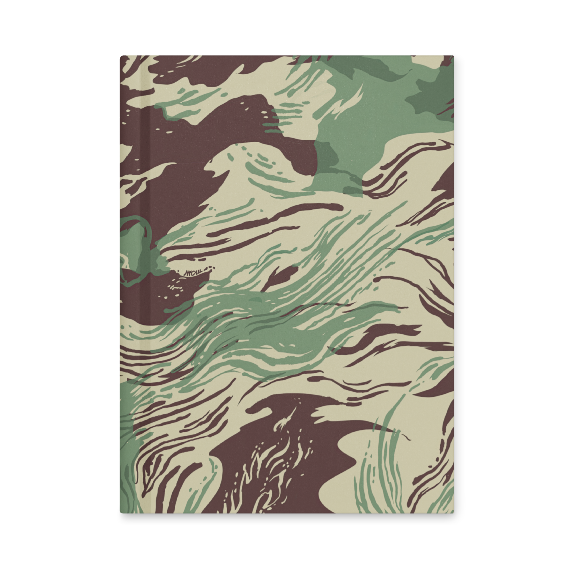 Camouflage-patterned notebook on a white background