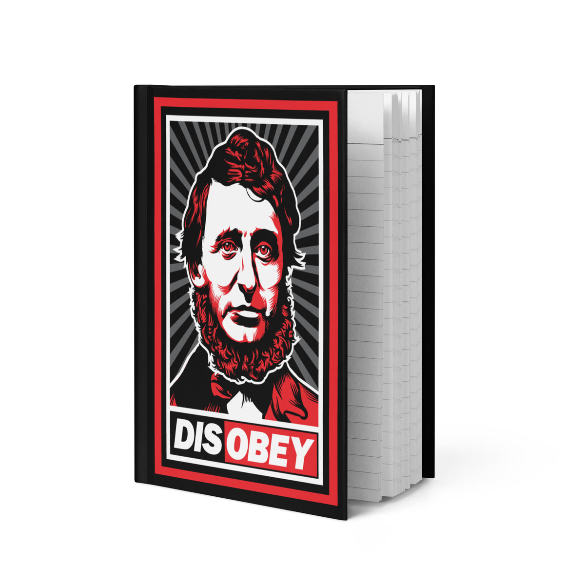 Notebook with a graphic design featuring a face and &#39;DIS OBEY&#39; text on a white background