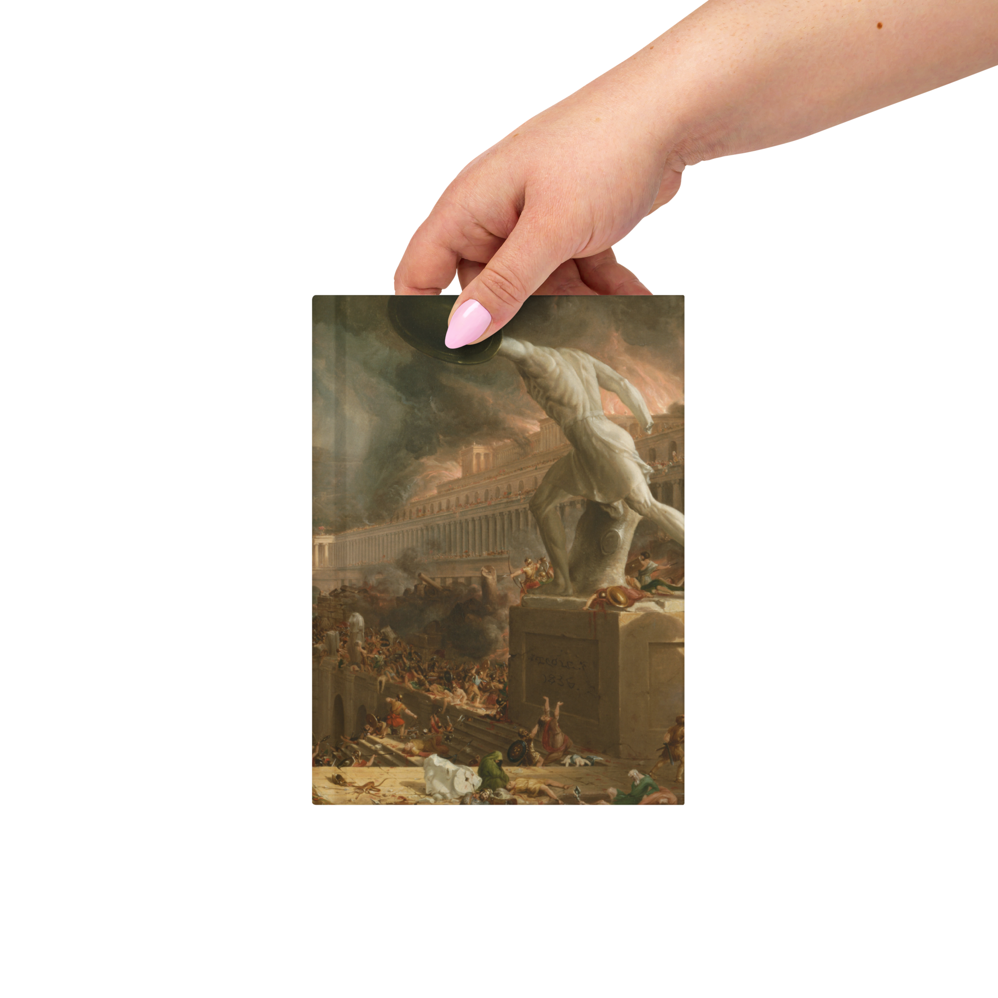 Hand holding a square print of a classical painting with a white dog and people in a historical setting.