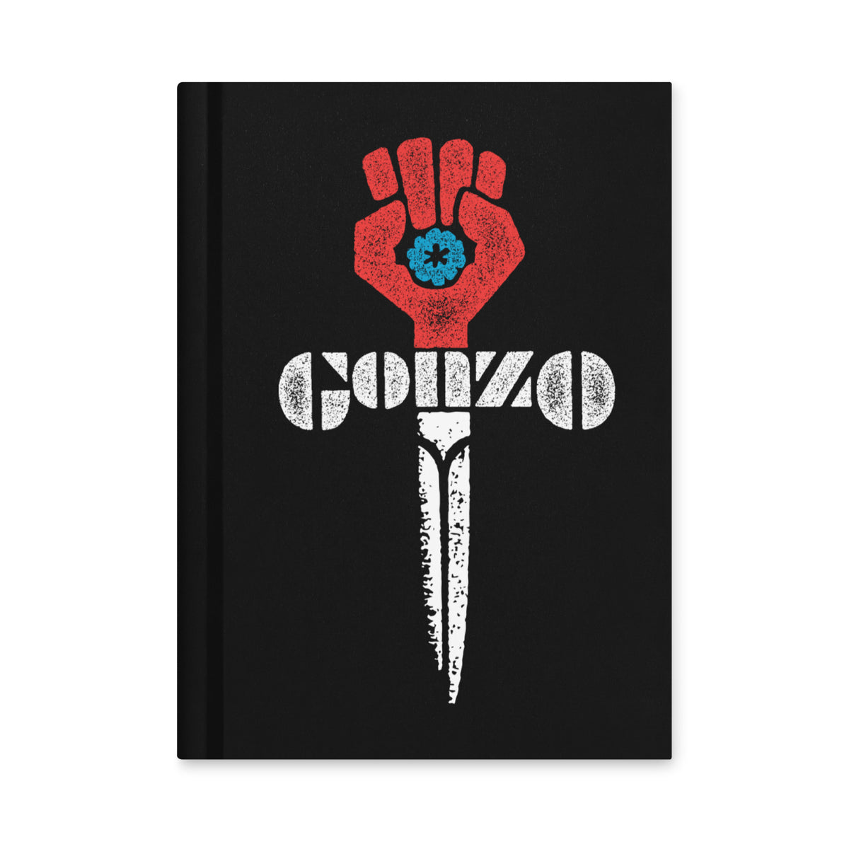 Black notebook with a red hand holding a blue poppy on a knife and the word &#39;GOZOO&#39; on a white background