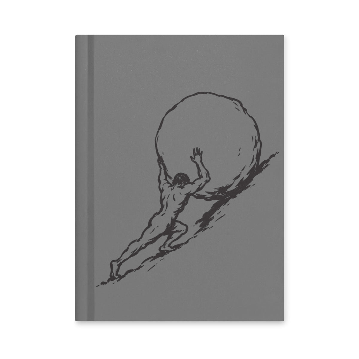 A gray hardcover notebook featuring a black line art illustration of a figure pushing a large sphere, shown against a plain white background.
