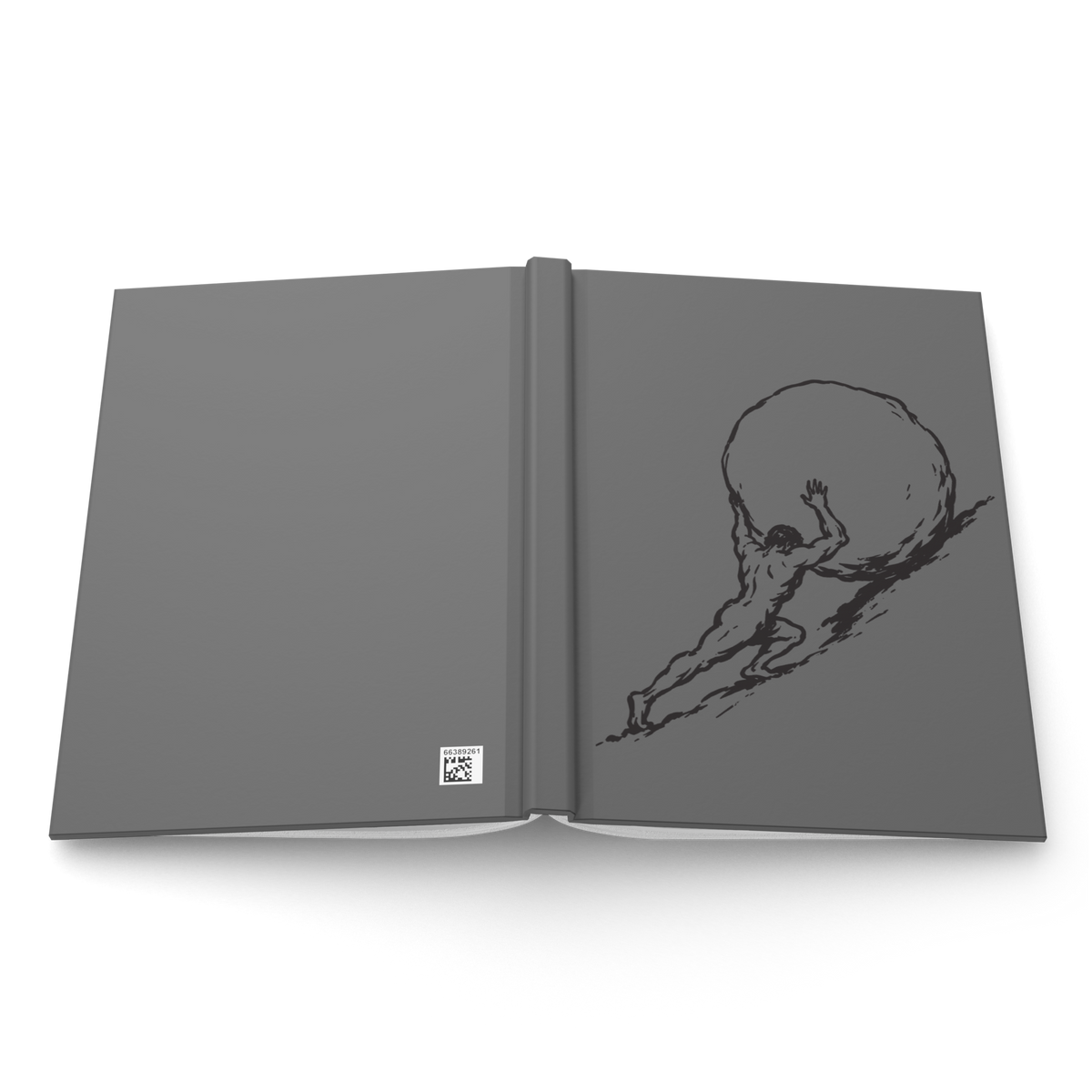 A dark gray hardcover art book shown open, featuring a black line art illustration of a Sisyphus figure pushing a large sphere on the right page and a small square logo on the left page.