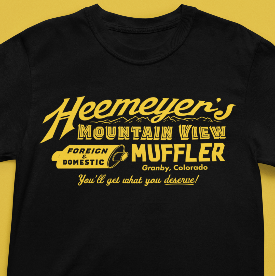 Garment-dyed heavyweight T-shirt inspired by Marvin Heemeyer’s Mountain View Muffler and the 2004 Killdozer incident in Granby, Colorado.
