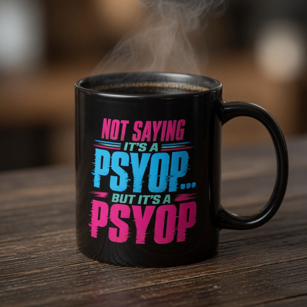 Black mug with colorful text on a wooden surface