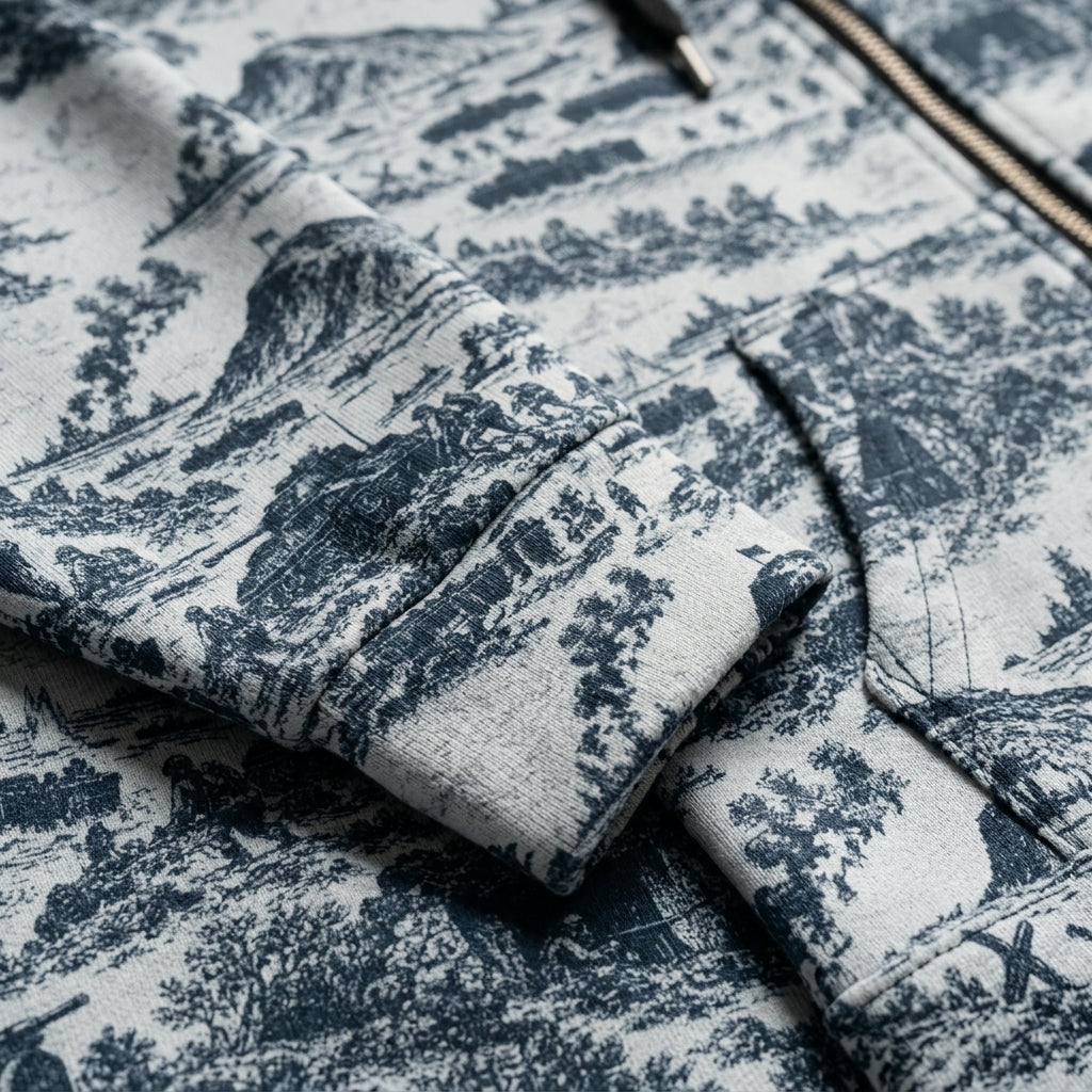 Close-up of Iwo Jima Historic Pattern Zip Hoodie showing the repeating slate historical toile artwork