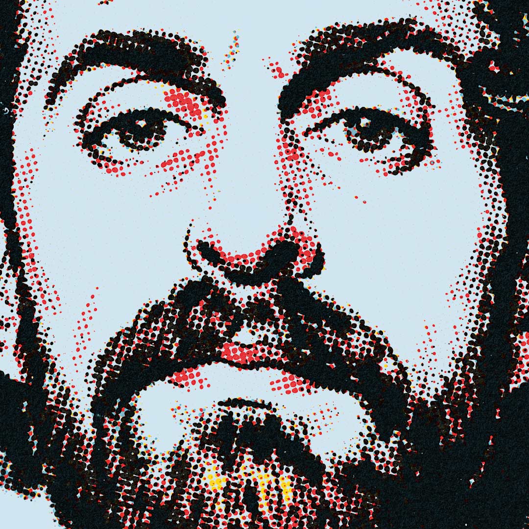 Close-up of an Isaac Kappy portrait on a Liberty Maniacs t-shirt