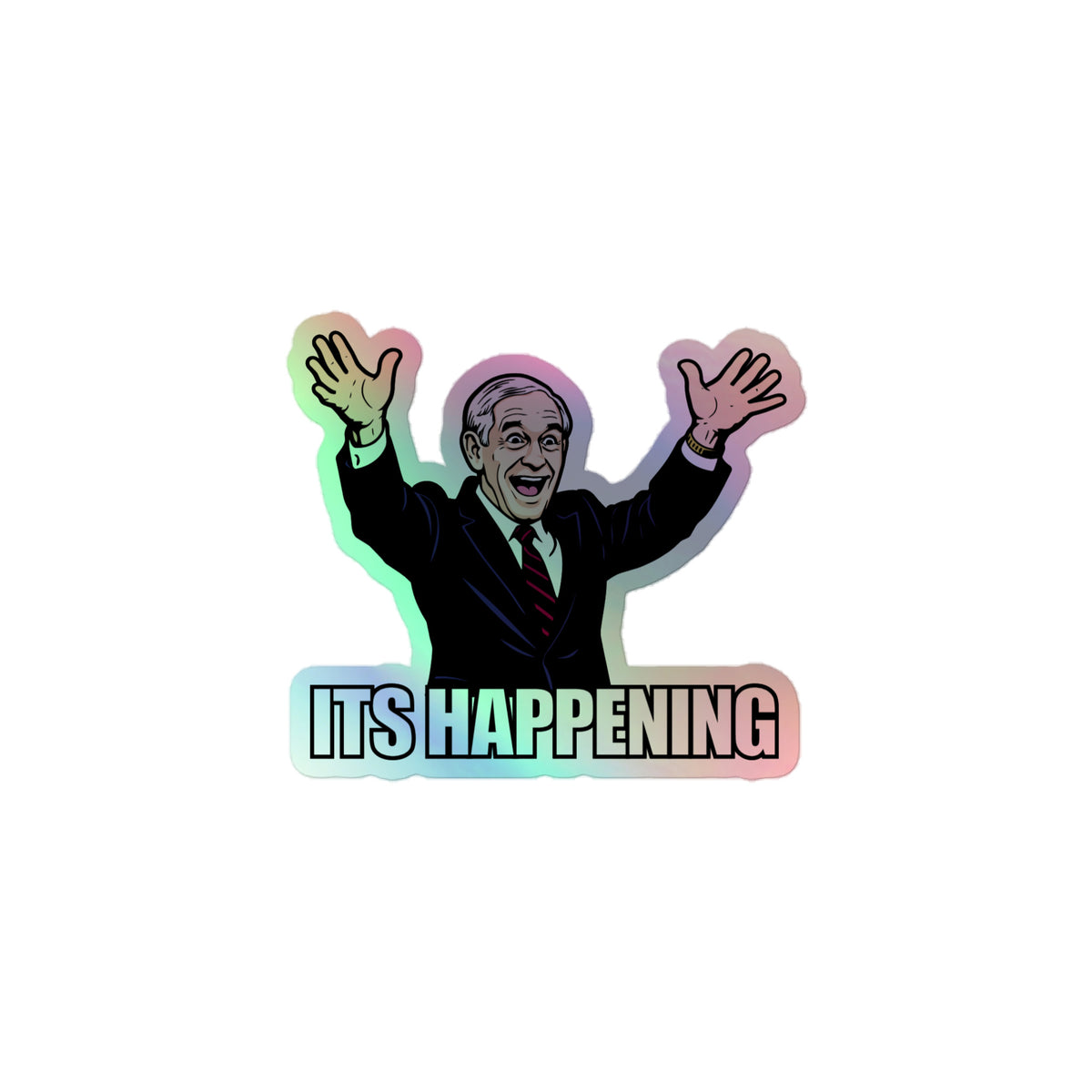 Sticker of a man with raised hands and 'It's Happening' text on a white background