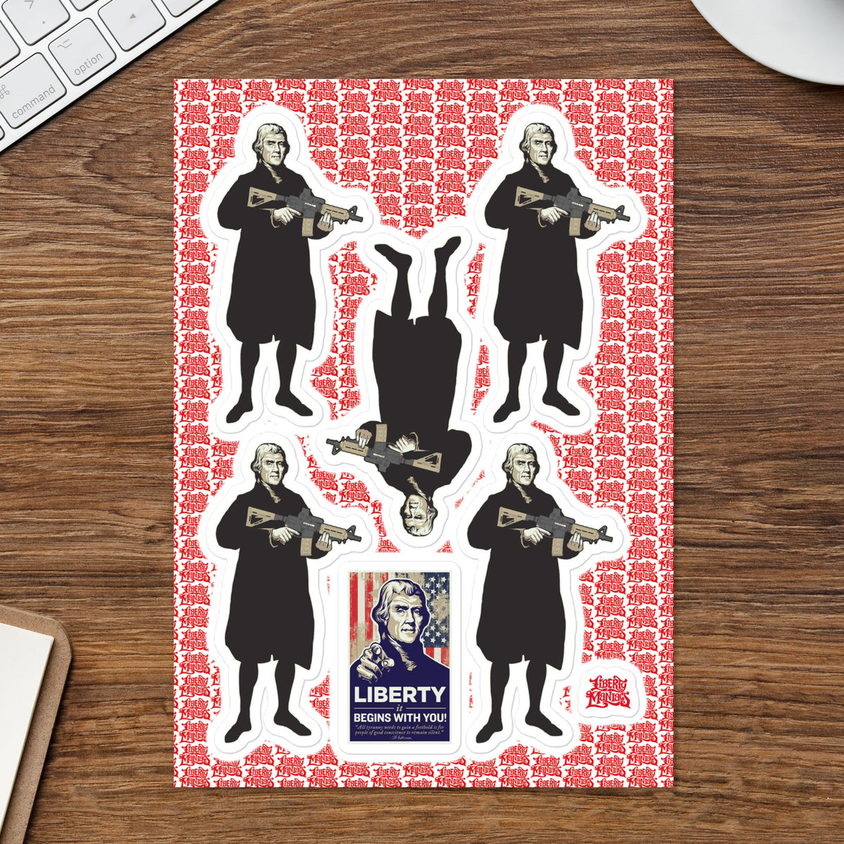Thomas Jefferson holding an M4 carbine sticker sheet mockup with liberty satire artwork