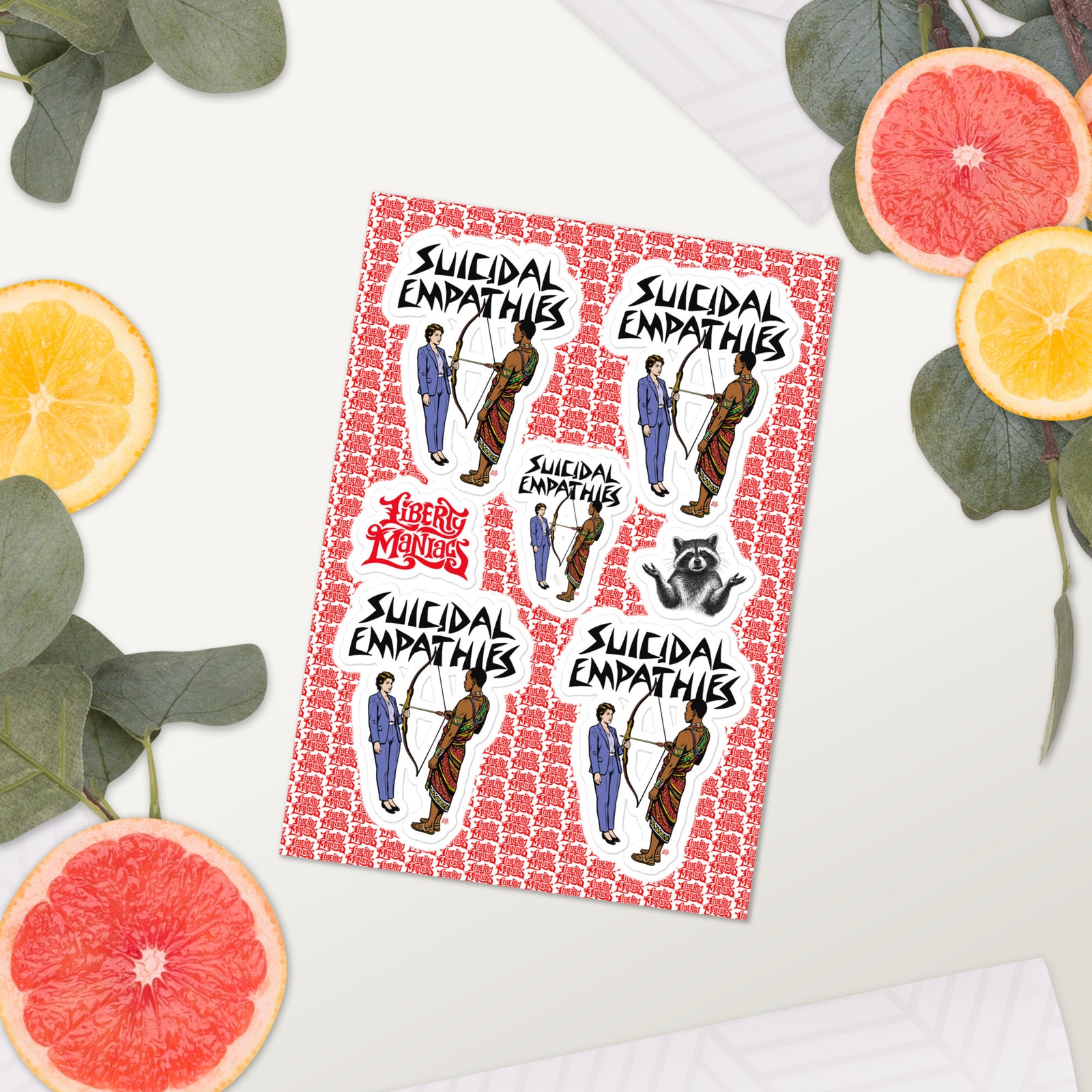 Suicidal Empathies sticker sheet product image with glossy satire stickers