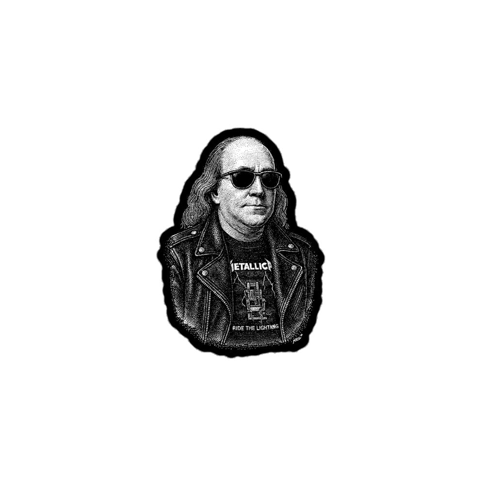 Illustrated sticker of Ben Franklin wearing a leather jacket and 'Metallica' t-shirt with sunglasses by Liberty Maniacs