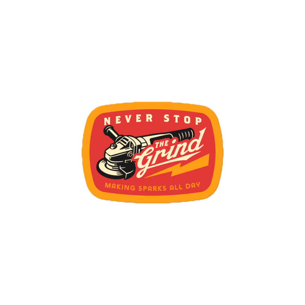 A square-shaped patch with rounded corners featuring a vintage-style illustration of a gear and the text 'NEVER STOP THE Grind MAKING SPARKS ALL DAY' on a red background with an orange border.