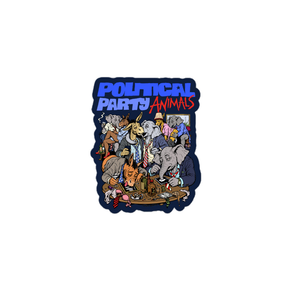 A die-cut sticker featuring a cartoon illustration of various animals dressed in suits gathered around a drink, with the text 'POLITICAL PARTY ANIMALS' in blue and red at the top, shown on a plain white background.