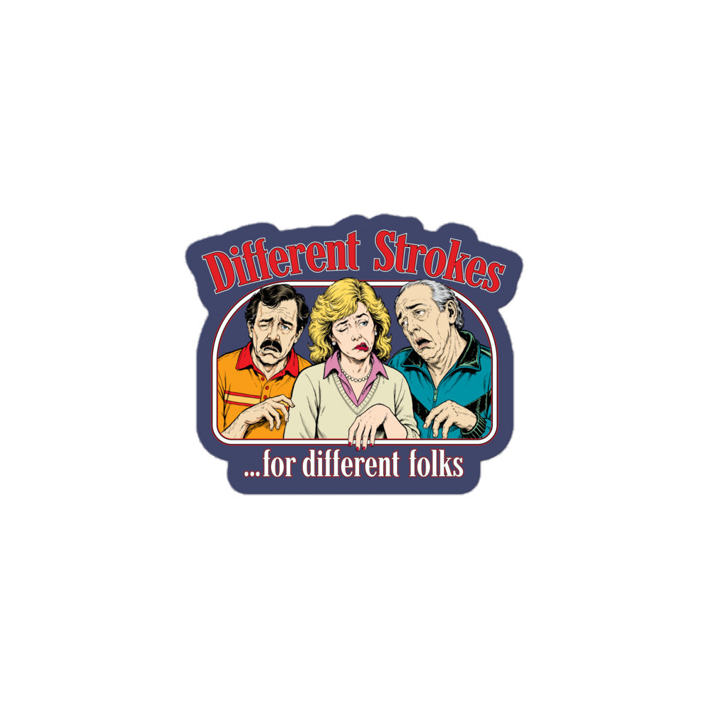 Different Strokes for Different Folks navy vinyl sticker with three retro illustrated people, 3-inch size