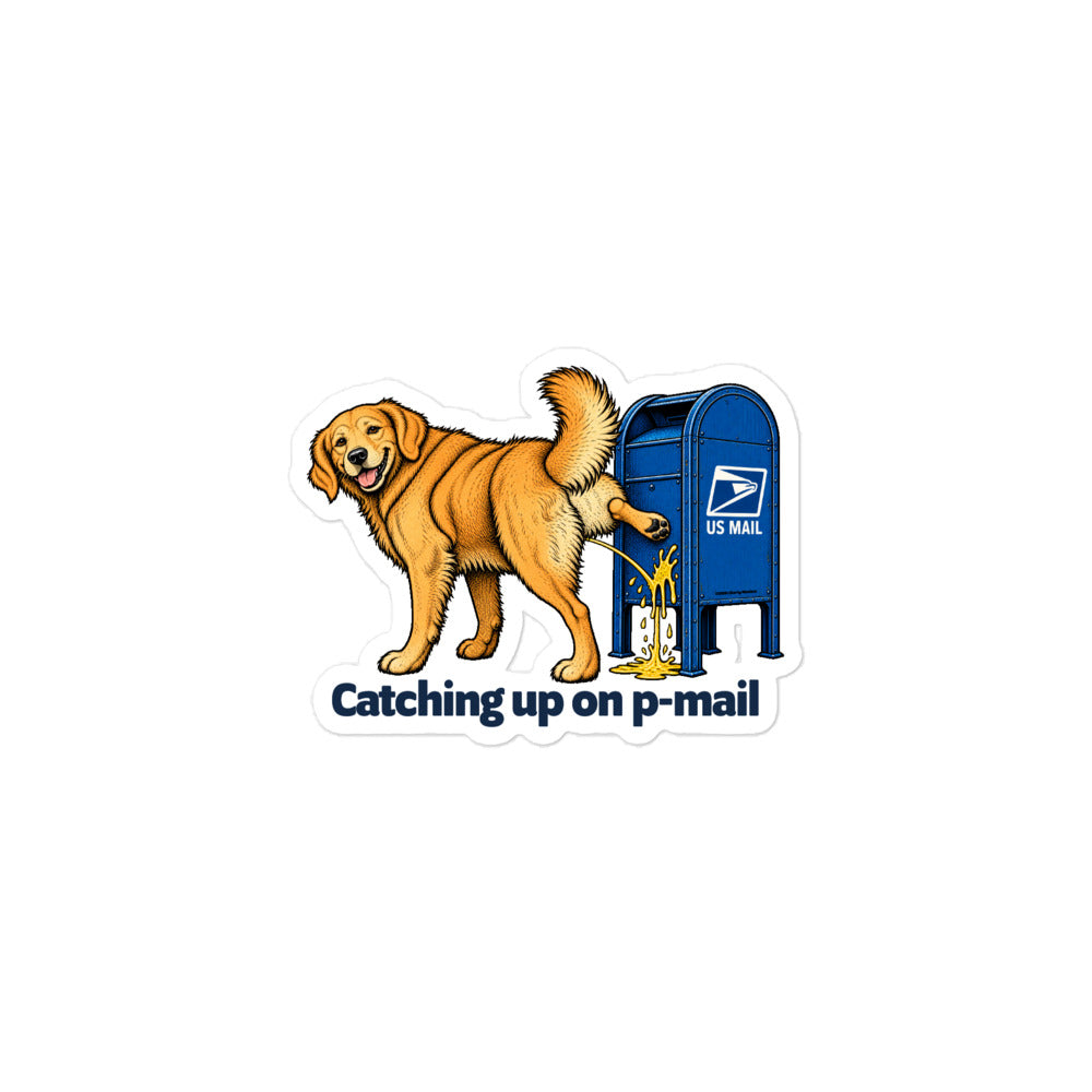 Golden retriever peeing on a blue US Mail mailbox above the words ‘Catching up on p-mail.