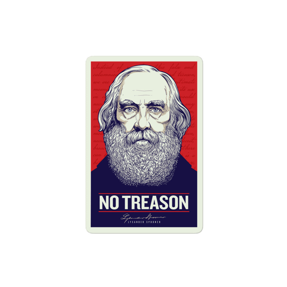 Sticker with a portrait of a man with a beard and 'No Treason' text on a red and blue background.
