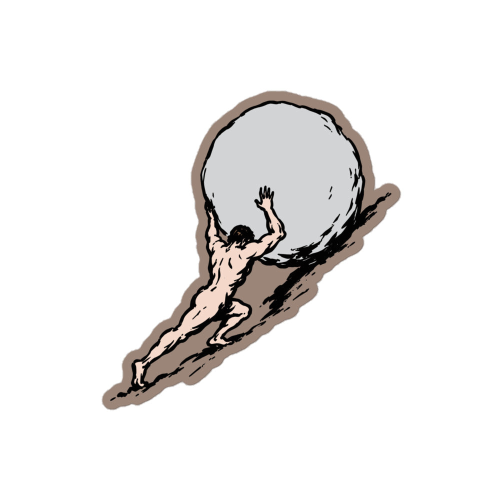 Black and white Sisyphus sticker design showing a man pushing a boulder uphill