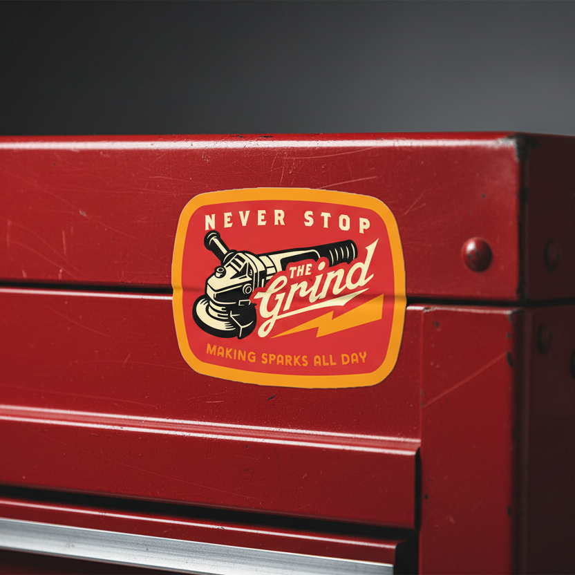 A close-up of a red metal tool chest featuring a vintage-style sticker that reads 'NEVER STOP AT THE GRIND MAKING SPARKS ALL DAY' with an illustration of a hand on a wrench.