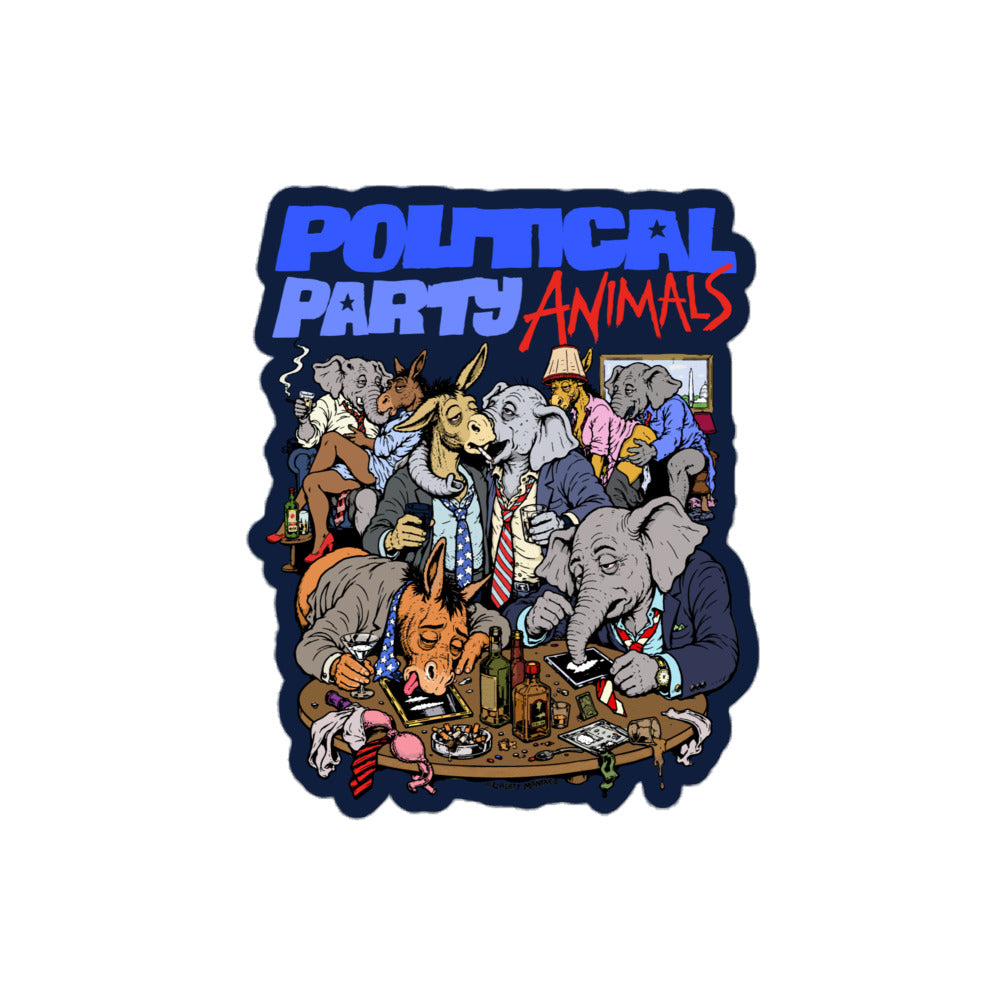 A die-cut sticker featuring the text 'POLITICAL PARTY ANIMALS' in blue and red above a detailed cartoon illustration of anthropomorphic animals playing cards at a table, shown on a plain white background.