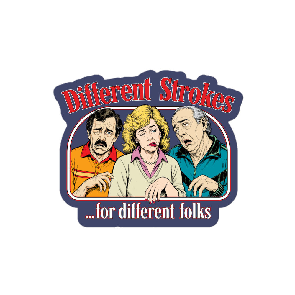 Different Strokes for Different Folks navy vinyl sticker with three retro illustrated people, 4-inch size