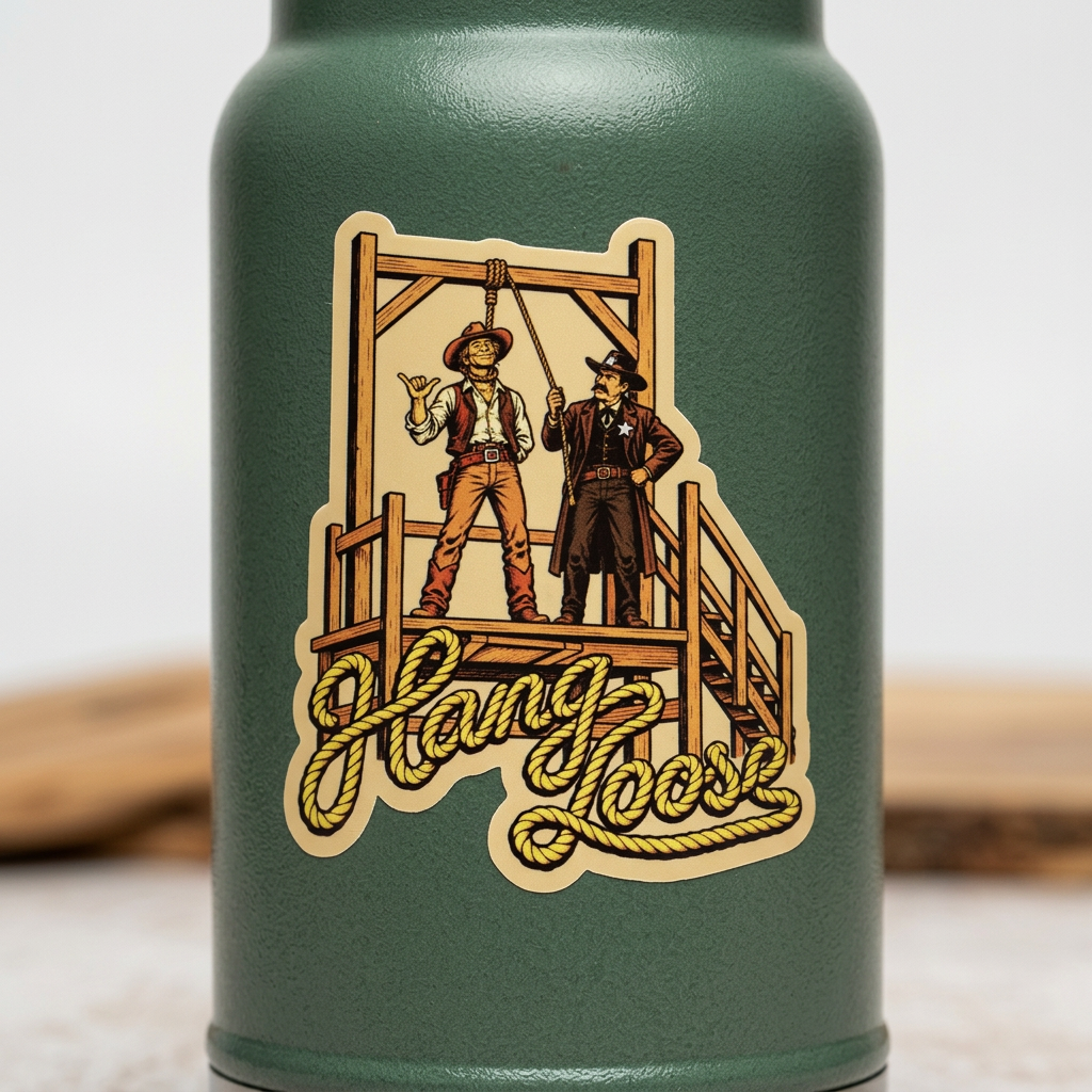 Hang loose sticker of a cowboy on the gallows throwing a Shaka 🤙🏻 by Liberty Maniacs. 