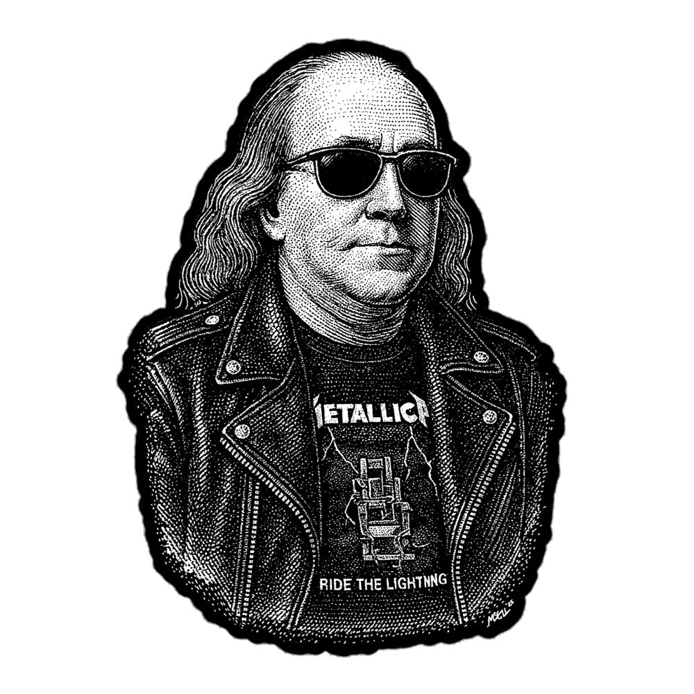 Illustrated sticker of Ben Franklin wearing a leather jacket and 'Metallica' t-shirt with sunglasses by Liberty Maniacs